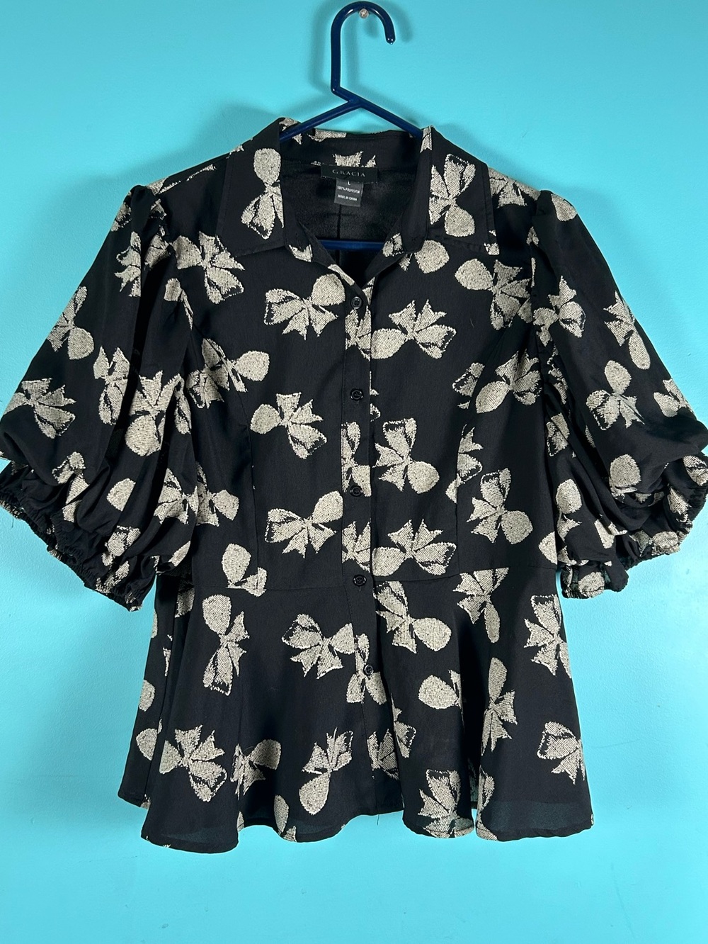 Gracia Black Blouse with Cream Floral Print and Puff Sleeves